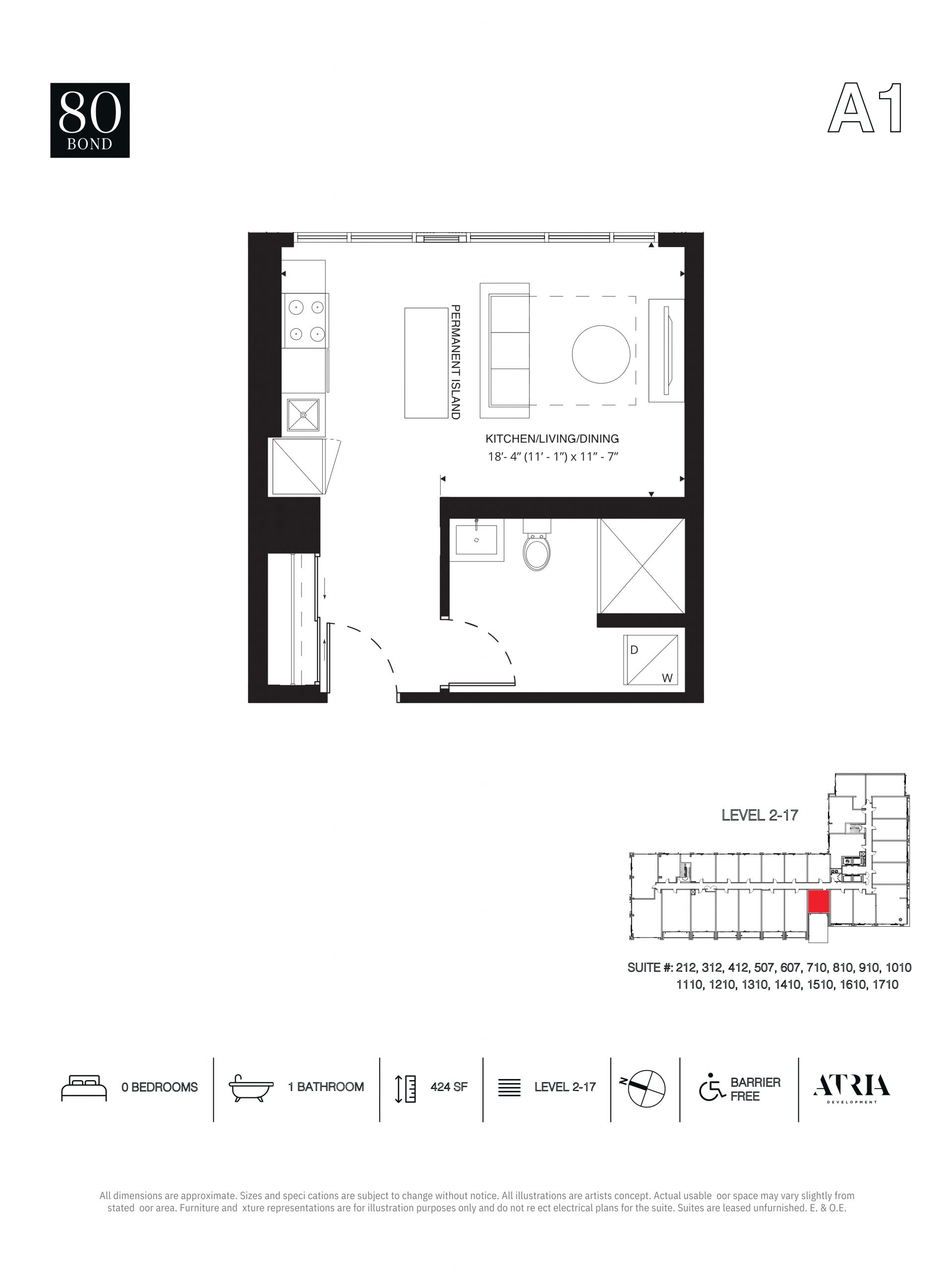 floor plan of units at 80 Bond with the a1 layout