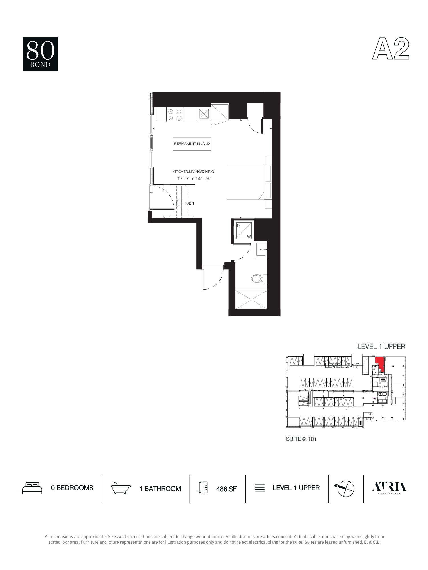 floor plan of units at 80 Bond with the a2 layout